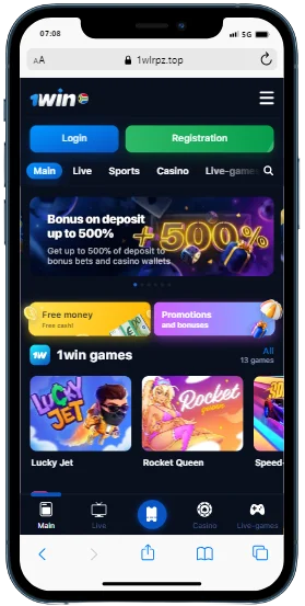 A cell phone with a home page of the 1win casino