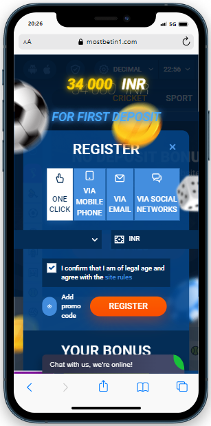A cell phone with a register form of the mostbet casino