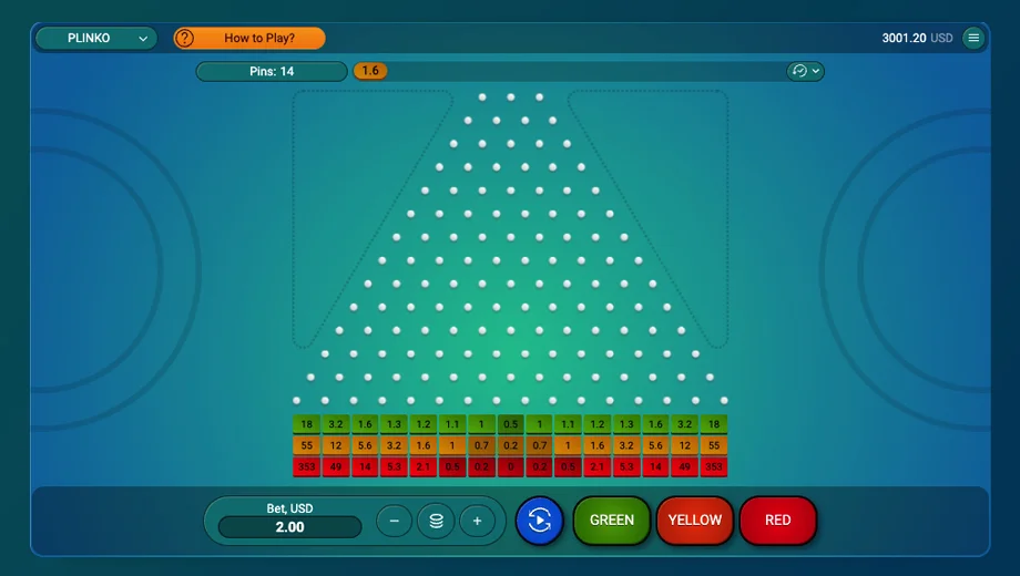 the blue gameplay with white dots and number in triangle shape with the name plinko
