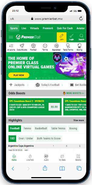 a cell phone with the main page of the premier bet casino